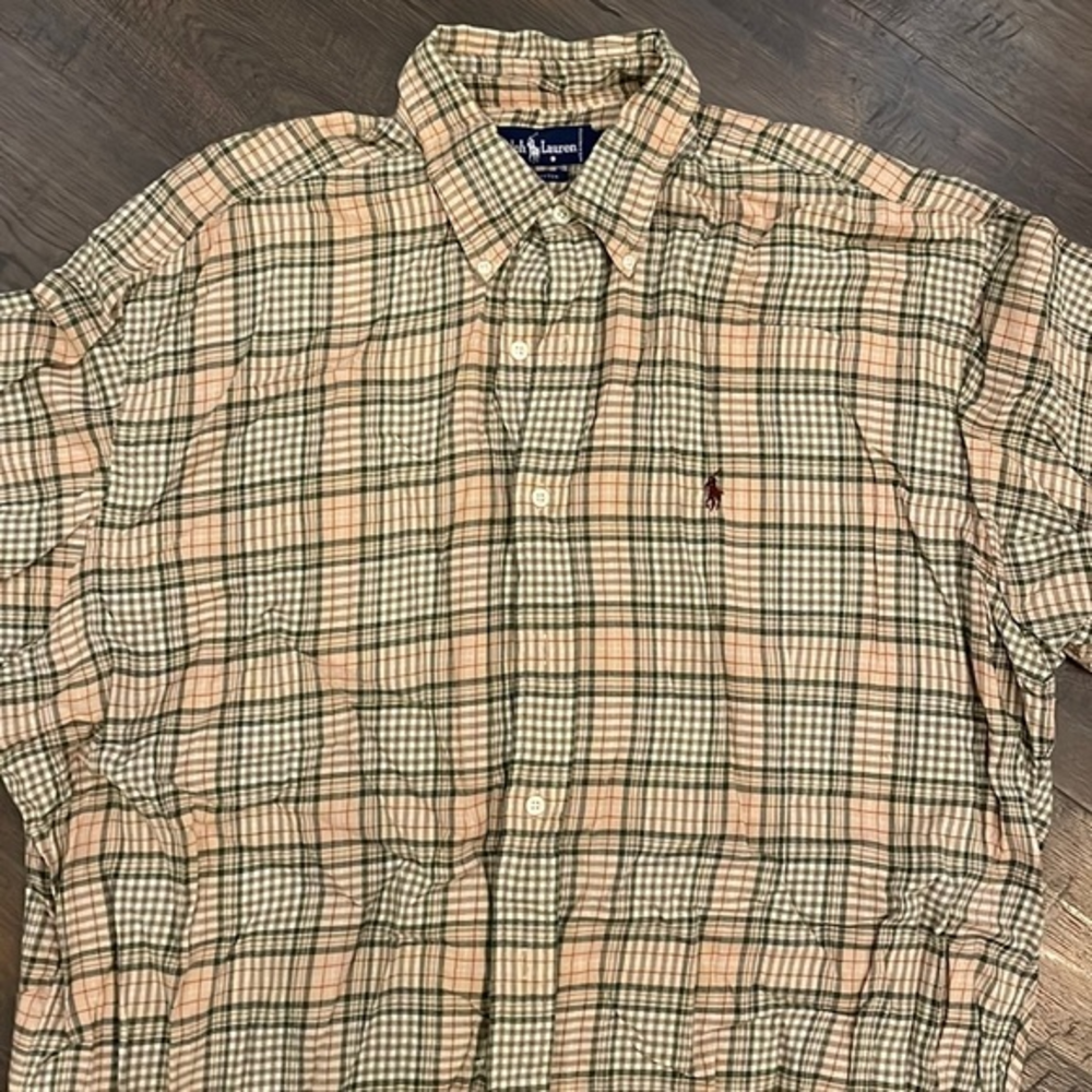 RALPH LAUREN POLO Tan Plaid Long Sleeve Button Down Light‎ Flannel, Feel Size XL